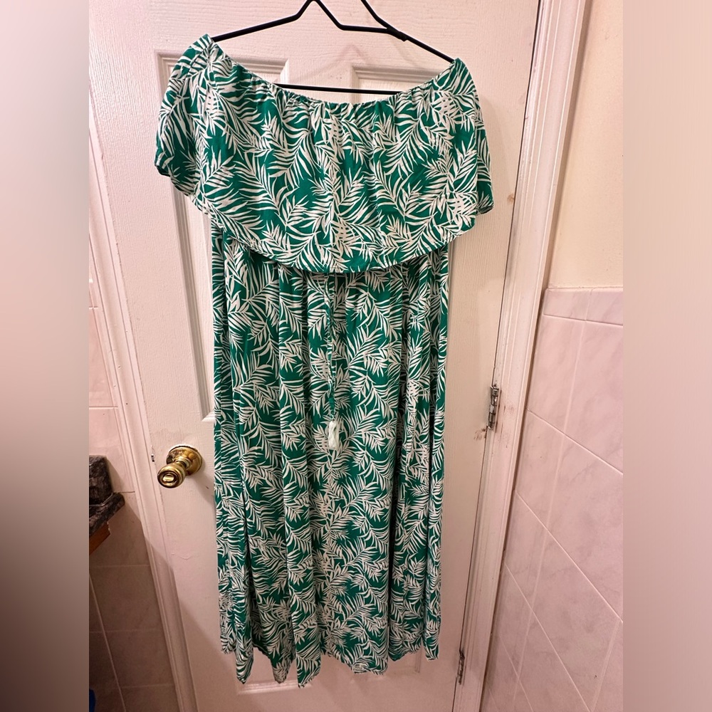 Green and white flower printed off shoulder dress.